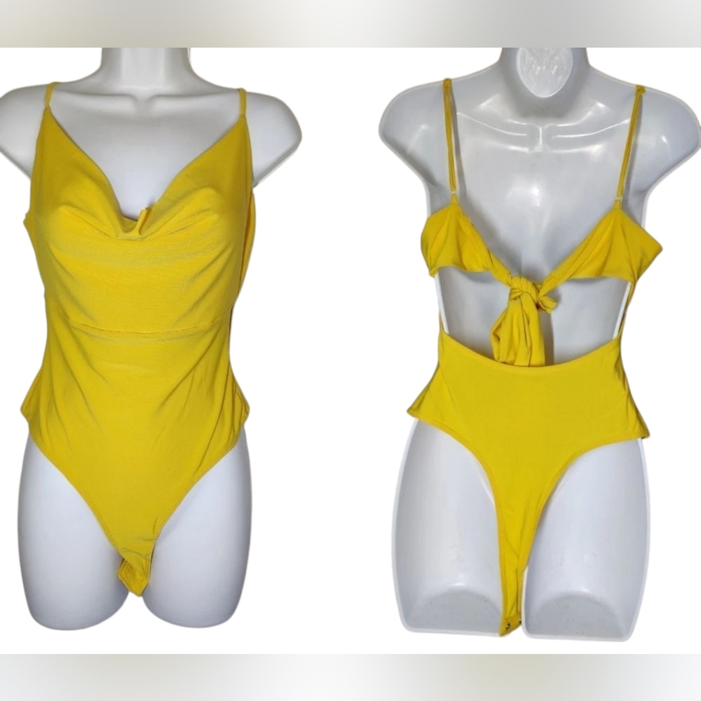 Lemon Yellow Cowl Neck Sleeveless Adjustable Strappy Bodysuit Meraki M NWT